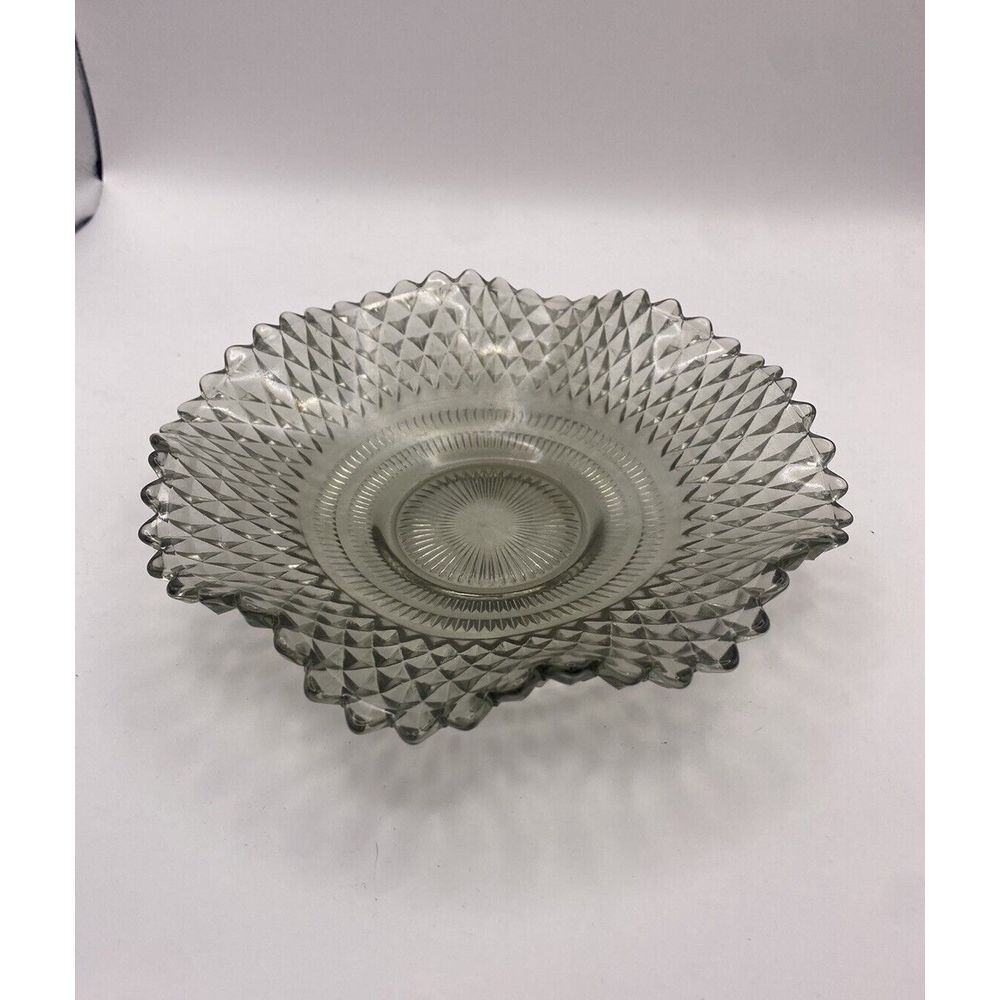 Indiana Glass Clear/Gray‎ Diamond Point Cut Glass Round Candy Dish Ruffled Edge - Picture 2 of 5